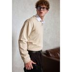 HYMAN Erkek Pamuklu Polo Yaka Oversize Triko Kazak - Krem - XL
