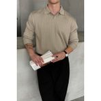 Hyman Erkek Polo Yaka Fitilli Oversize Triko Kazak - XL - Bej