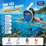 Hymark Tam Yüz Şnorkel Maske X-xl Beden Panoramik Görüşlü Deniz Gözlüğü Dry Top Sistem Şnorkel Seti Beyaz - Mavi