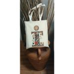 I Harfi, Harfli Harf Tasarım Çiçekli Ham Bez Tote Bag Çanta, Pinterest Çanta - 10D-Krem