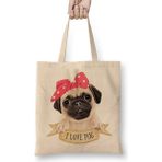 I Love Pug Köpek Bez Çanta Uzun Saplı - Açık Bej - 40 X 40
