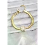 İ-Market 316L Çelik Gold Renk Beyaz Yonca Model Zirkon Taşlı Yılan Zincirli Kadın Bileklik TJ-BB8157