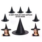 İ-Market Halloween Siyah Renk Parlak Dralon Cadı Şapkası Yetişkin ve Çocuk Uyumlu 6 Adet