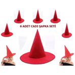 İ-Market Kırmızı Renk Keçe Cadı Şapkası Yetişkin Çocuk Uyumlu 6 Adet