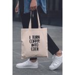 I Turn Coffee Into Code Yazılımcı Hediyelik Baskılı %100 Pamuklu Ham Bez Bej Çanta