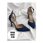 İA İLERİADIM Lacivert Saten Şık Topuklu Taşlı Stiletto Abiye Ayakkabı Topuk Boyu 9 Cm (TAŞLARI ÇIKARILABİLİR)