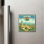 İberk Retro Bolivya Sucre Şehri Temalı Vintage Baskılı Buzdolap Magneti Kare – 9x9 cm