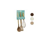 ibico İBİCO 3 LÜ RENKLİ SİLİKON MUTFAK SETİ AHŞAP VE BAMBU SAPLI ÇIRPICI & KEPÇE & SPATULA 25 CM