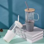 İbico Ibico Safirs Bambu Kapaklı Çelik Pipetli Renkli Big Mug Büyük Boy Cam Kupa Bardak Cam Termos 1lt - Mor
