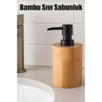 ibico Yuvarlak Ahşap Bambu Sıvı Sabunluk Siyah Plastik Pompa Çap: 8cm - Y: 11CM