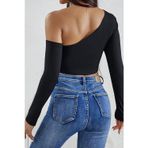 İç Giysim Kadın Siyah Tek Omuz Detaylı Uzun Kol Crop Top Bluz