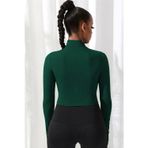 İç Giysim Kadın Yeşil Uzun Kol Fermuarlı Parmak Geçme Detaylı Dik Yaka Crop Top Bluz