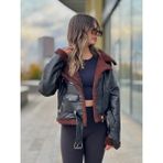 Içi Komple Kürklü Lamine Deri Kruvaze Kadın Mont - XS - Siyah - Kahverengi