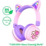 iClever BTH21 Kedi Kulaklı LED Işıklı Güvenli Ses Sınırlı 60 Saat Oynatma Süreli Bluetooth Çocuk Kulaklığı Mor BPA Free