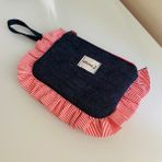 idiluna Kırmızı Fırfırlı, Kulplu Lacivert Denim Makyaj Çantası / Clutch - Kırmızı - Beyaz