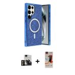 ieg™ Galaxy S23 Ultra Kılıf Eksen Çizgi - Siyah AutoKit 5in1 Fiber Hayalet Cam Ekran Koruyucu + Gold
