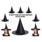 ieg™ Halloween Siyah Renk Parlak Dralon Cadı Şapkası Yetişkin ve Çocuk Uyumlu 6 Adet