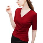 IFIKK Kadın Derin V Yaka Katlamalı Gotik Gömlekler Seksi OL Harajuku Üstler Yama İşi Gömlekler Kore Büyüleyici Moda Düz Giysiler, Kırmızı, XXL