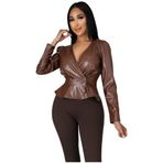 IFIKK Kadın Uzun Kollu Deri V Yaka Düğme Moda PU Deri Ceket (Kahverengi, S), kahverengi, S