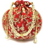 IGH El Yapımı Kadın Kadife İşlemeli Potli Çanta | Hint İpli Çanta Düğün ve Partiler için Yeşil Etnik El Çantası 1 Adet, Kırmızı, Red Pack of 1 Pcs