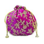 IGH El Yapımı Kadın Kadife İşlemeli Potli Çanta | Hint İpli Çanta Düğün ve Partiler için Yeşil Etnik El Çantası 1 Adet, Pembe, Pink Pack of 1 Pcs