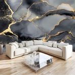 IHFMPFKJ Özel 400 x 280 cm, 3D Efekt, Mermer Desenli Siyah ve Gri Panoramik Duvar Kağıdı, Yatak Odası, Oturma Odası, Koridor için