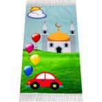 İhvan Online Dijital Baskılı Çocuk Seccadesi - Arabalı Camili - 44 x 78 cm - 44 x 75 cm - Açık Yeşil