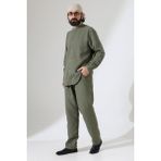 İhvan Online Erkek Müslin Hakim Yaka Gömlek Pantolon Ikili Takım, Modern Hac Umre Kıyafeti - Haki Yeşil (Vşn) - XL
