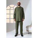 İhvan Online Erkek Tek Cepli Hakim Yaka Gömlek Pantolon Keten Ikili Takım Hac Umre Kıyafeti - Haki - S