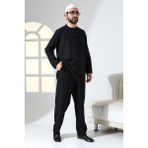 İhvan Online Erkek Tek Cepli Hakim Yaka Gömlek Pantolon Keten Ikili Takım Hac Umre Kıyafeti - Siyah - XL