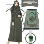 İhvan Tek Parça Namaz Elbisesi - Haki - 5015&Seccade&Zikirmatik - Üçlü Takım