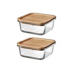 IKEA 2 Adet Bambu Kapaklı Cam Saklama Kabı Kare Kase 15 cm 600 ml