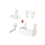 IKEA 4 Parça Vantuzlu Banyo Seti İkea Duş Sepeti, Sabunluk, 2 Li Askı ve Tuvalet Kağıtlığı Beyaz Plastik