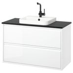 IKEA ANGSJÖN/TOLKEN/BACKSJÖN lavabo dolabı kombinasyonu parlak cila beyaz-siyah mermer görünüm - 99521591