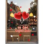 İki Balonlu Kalp Cam Vitrin Sticker, 14 Şubat Sevgililer Günü Dekorasyon, Kırmızı Kalp Balon Tasarım,