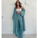 İki Parça Krinkıl Kumaş Takım, Geniş Paça Pantolon ve Uzun Kimeno Mint Yeşili, Yazlık (Mint Yeşili, M)
