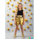 Ikili Takım Kız Çocuk Crop Pamuklu Üst Parlak Gold Lame Baskılı Kısa Şort - 9 - 10 Yaş - Siyah - Gold