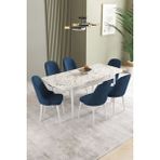 Ikon Beyaz Mermer Desen 80X132 Mdf Açılabilir Yemek Masası Takımı 6 Adet Sandalye - Lacivert