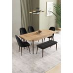 Ikon Meşe Desen 80X132 Mdf Açılabilir Yemek Masası Takımı 4 Sandalye, 1 Bench - Siyah