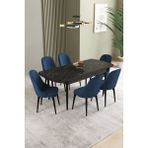 Ikon Siyah Mermer Desen 80X132 Mdf Açılabilir Mutfak Masası Takımı 6 Adet Sandalye - Lacivert