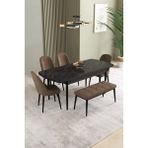 Ikon Siyah Mermer Desen 80X132 Mdf Açılabilir Yemek Masası Takımı 4 Sandalye, 1 Bench - Kahverengi