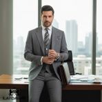 İlayda Emir Slim Fit, 3 Parça Takım Elbise, Erkek Klasik Yelekli, Premium Kumaş, Ofis ve Özel Gün Takımı - Açık Gri - 6 Drop - 56
