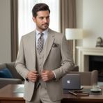 İlayda Emir Slim Fit, 3 Parça Takım Elbise, Erkek Klasik Yelekli, Premium Kumaş, Ofis ve Özel Gün Takımı - Krem - 6 Drop - 54
