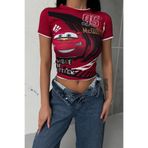 İlayda Toprak Araba Dijital Baskılı Kırmızı Kısa Kollu Crop Bluz