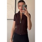 İlayda Toprak Merso Kadın Kısa Kollu Fermuarlı Kahverengi Yoga Spor Bluz