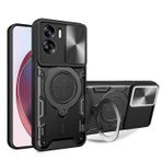 ILING HONOR 90 Lite 5G için kılıf, Gelişmiş Metal Dokulu Sert PC + Yumuşak Mat Silikon TPU Tampon Darbeye Dayanıklı Kılıf, Halka Destek Çubuğu ve Kaydırmalı Kamera Kapağı (Siyah)