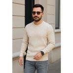 İlk El Grup Ieg™ Erkek Bisiklet Yuvarlak Yaka Triko Kazak Pamuklu Kalın Fitilli Dokuma, Regular Fit Uzun Koll - Bej - 2XL