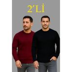 İlk El Grup Ieg™ Erkek Fitilli Triko Kazak 2’li Set – Siyah - Bordo, Kalın Dokuma Pamuklu Regular Fit Bis - XL