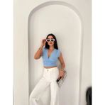 İlk El Grup Ieg™ Vatkalı Kolsuz V Yaka Drapeli Crop Bluz Likralı Fit - Bebek Mavisi - XS