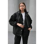 İLKCET MODA Biye Detaylı Siyah Oversize Kadın Yağmurluk